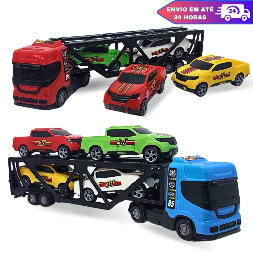Caminhão De Brinquedo Cegonha Cegonheiro Rampa Móvel Com 4 Carrinhos Pickups