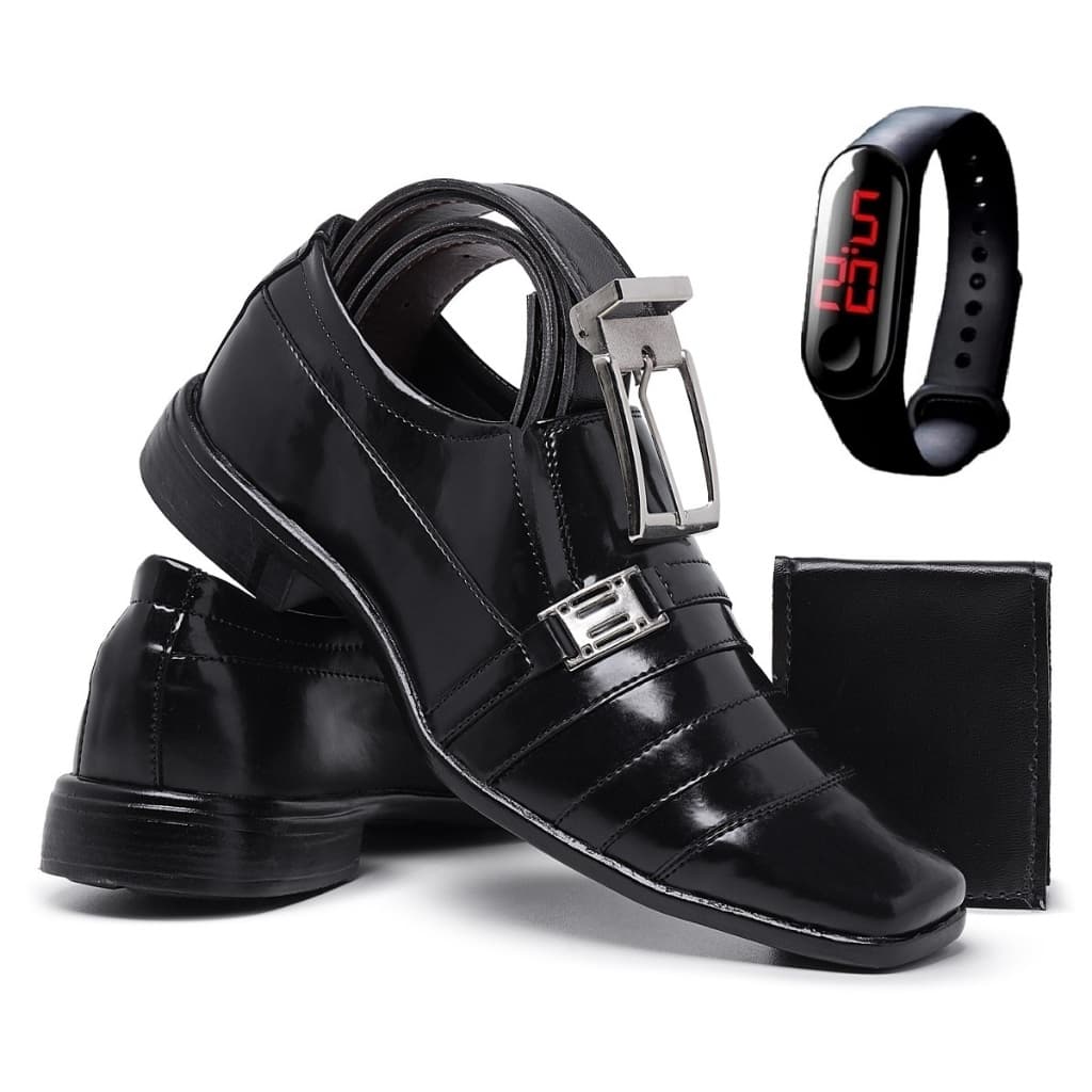 Sapato Social Masculino Formal em Verniz Elegante Torrenezzi com Carteira Cinto e Relógio Digital