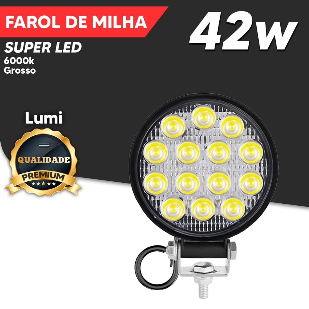 Farol De Milha Redondo (Grosso 35mm)  12-60V IP65 14 LED 42w Branco Frio