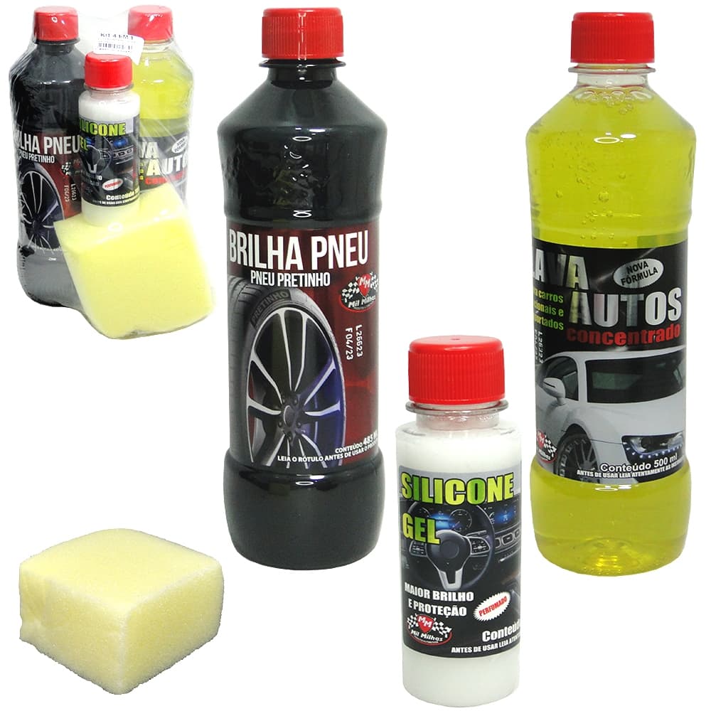 KIT LAVA AUTOS 4 EM 1 COM LAVA AUTOS / PRETINHO / SILICONE EM GEL + ESPONJA