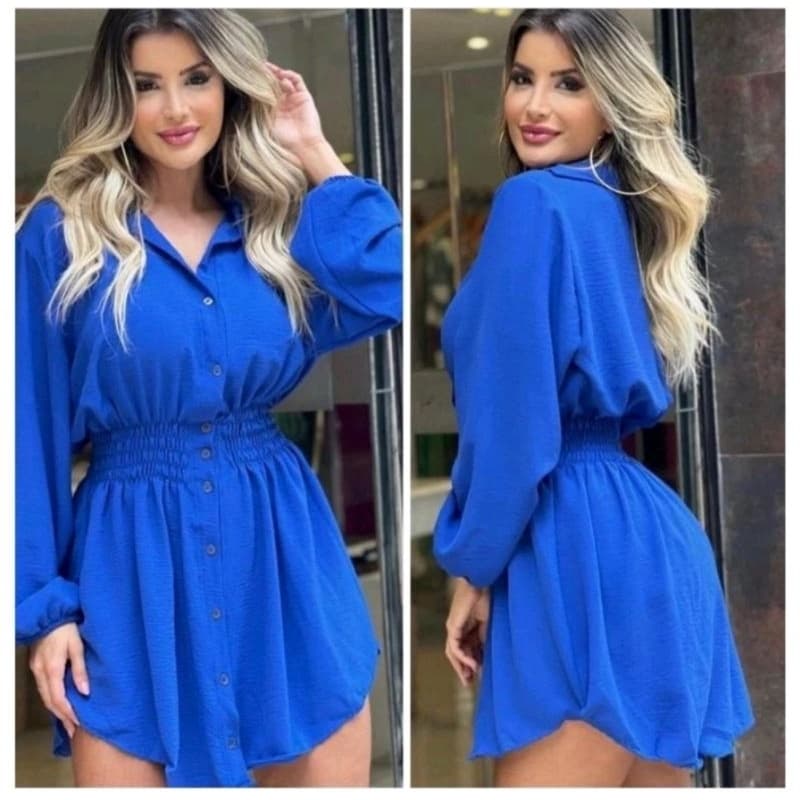 vestido camisa com punho chamise manga  longa .lastex na cintura  vestido  femenina