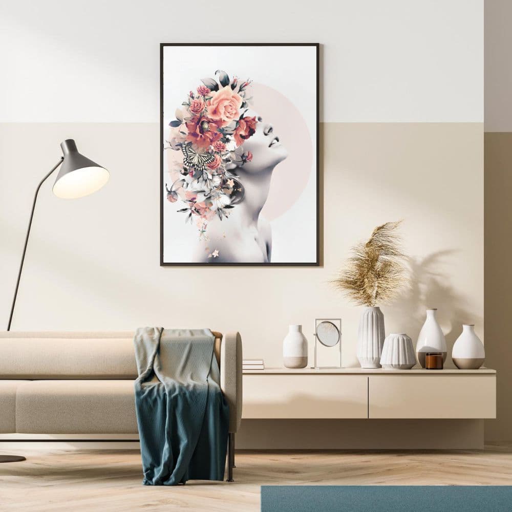 Quadro Decorativo Mulher Perfil Cabeça Com Flores Moldura Caixa TokQuadros