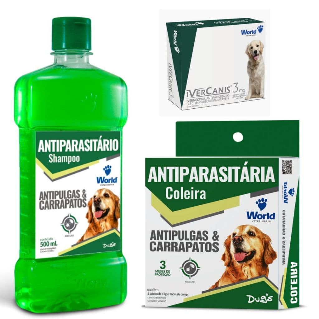 Kit Coleira Anti pulga e Carrapato, Shampoo e Ivercanis 3 mg com 4 comprimidos