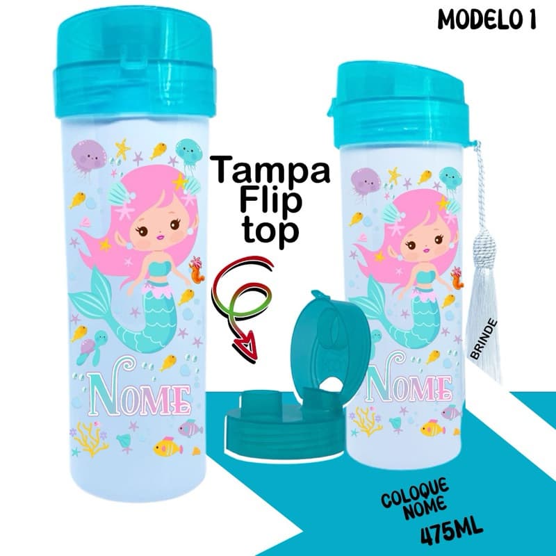 Garrafa squeeze eco personalizada com nome escolar sereia