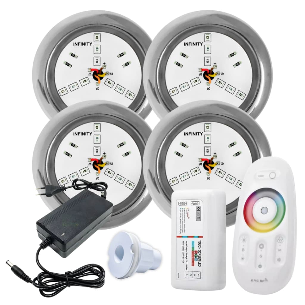 Kit Iluminação Piscina 04 Super Led INOX 6W RGB + Comando e Fonte + Adaptador de Fibra