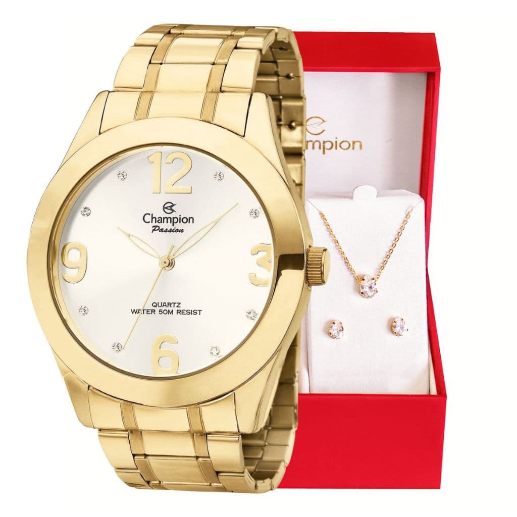 Relógio Champion Feminino Dourado Analógico + Kit Colar e Brincos À Prova D'Água CH24268D – Presente Moda Estilo.