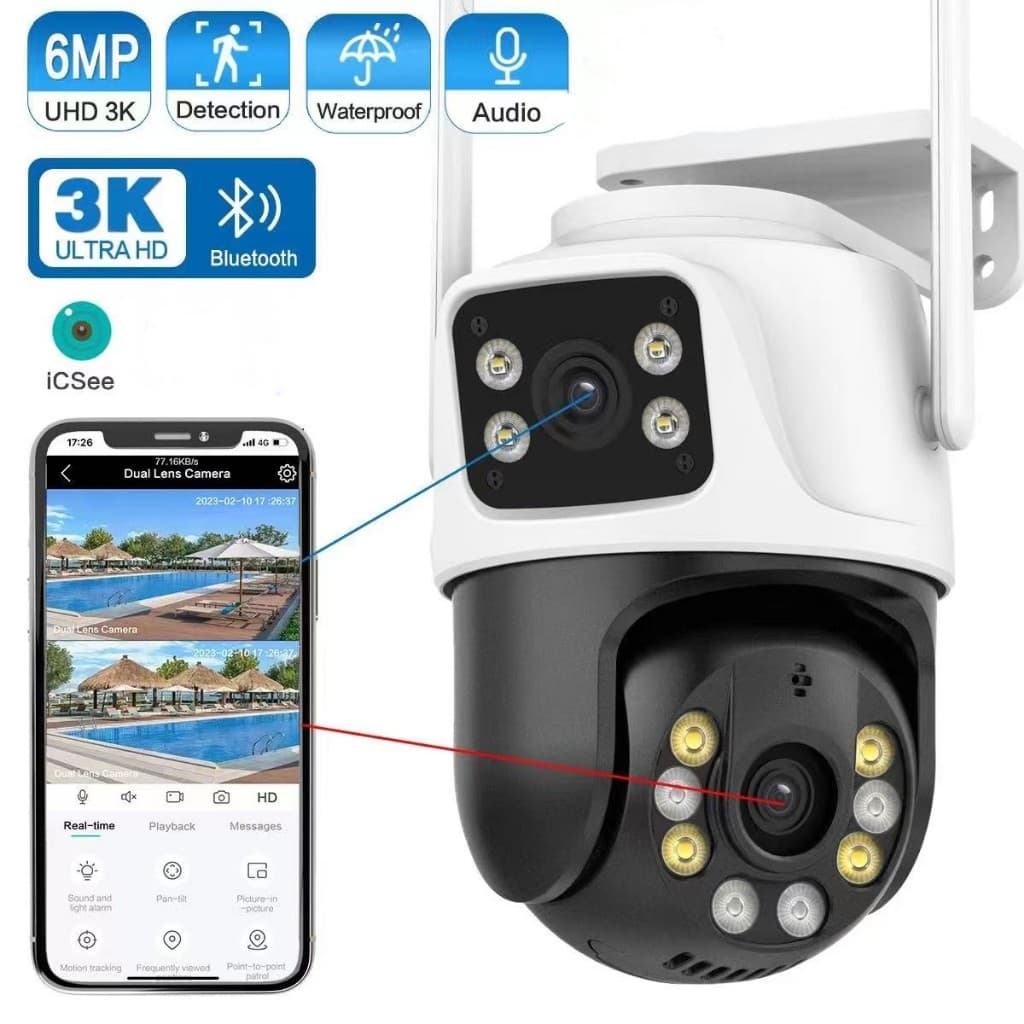 Camera Externa Ip a Prova D'água Wifi Dupla 2 Em 1 com Visao Noturna C/ Infravermelho App Icsee 6mp Wifi PTZ