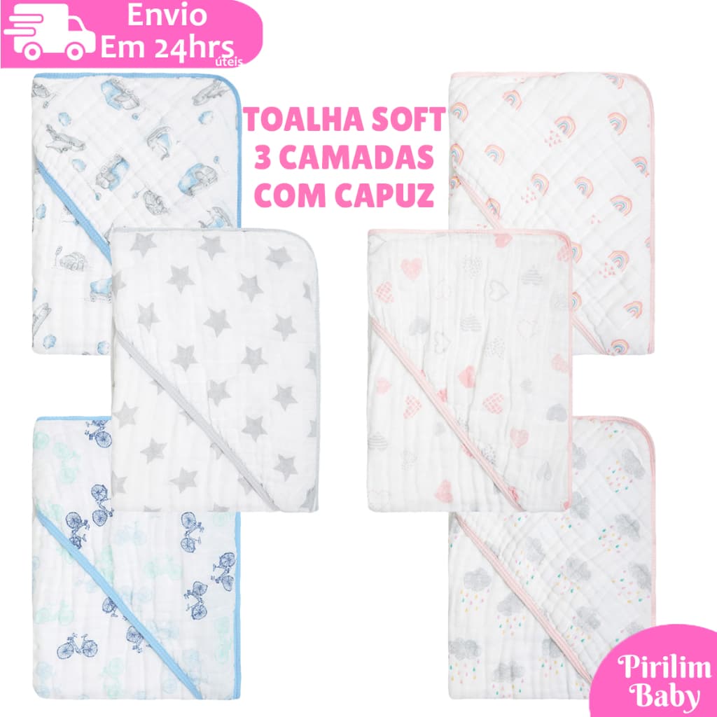 Toalha de Banho Bebe Soft 3 Camadas Estampada com Capuz Bordado Recém Nascido 80cm x 80cm 100% Algodão