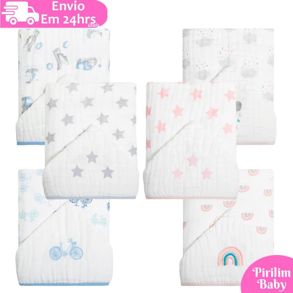 Toalha de Banho Bebe Soft 3 Camadas 90cm x 75cm Estampada com Capuz Bordado 100% Algodão
