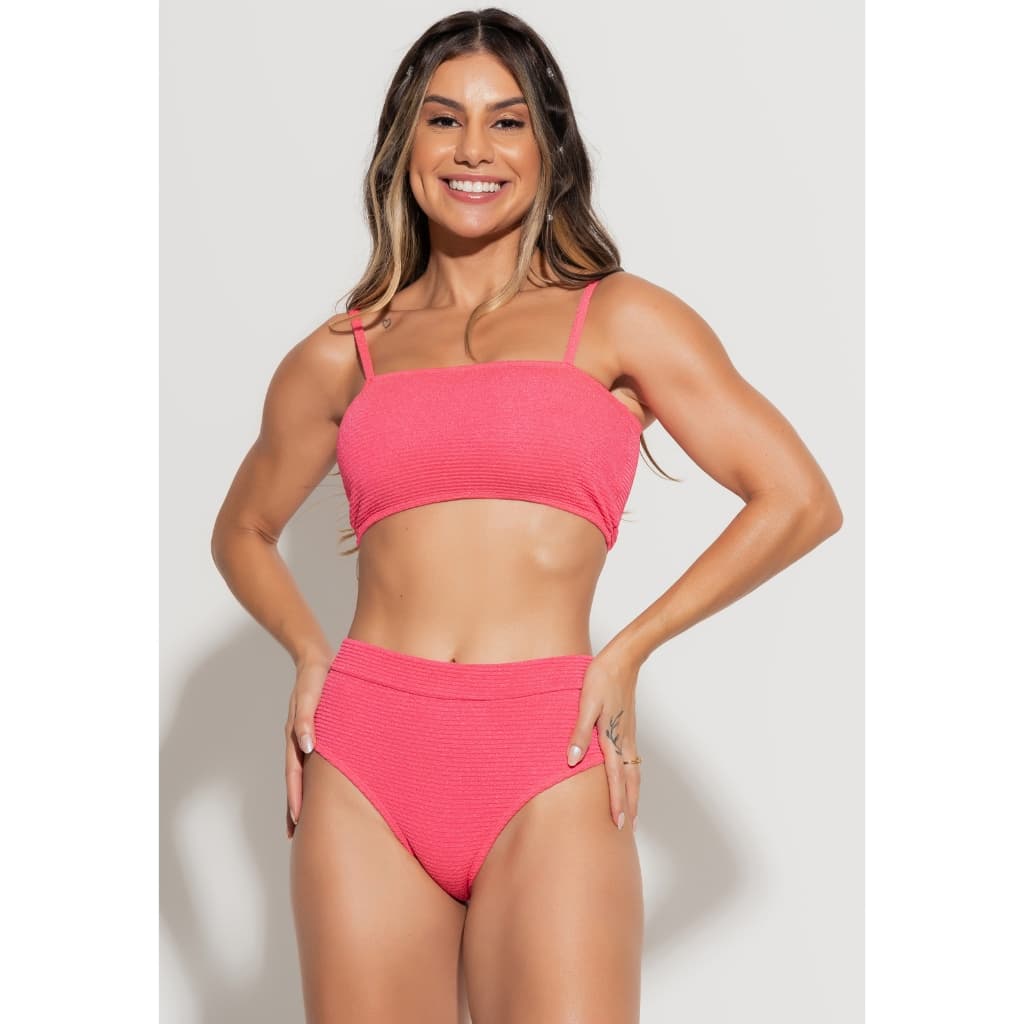 Biquini Top Faixa Texturizado Hot Pants Cintura Alta Cropped MVB Modas