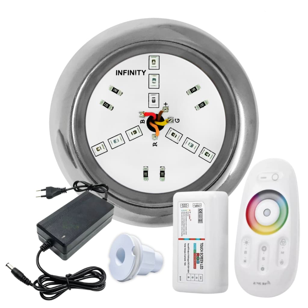 Kit Iluminação Piscina 01 Super Led INOX 6W RGB + Comando e Fonte + Adaptador de Fibra