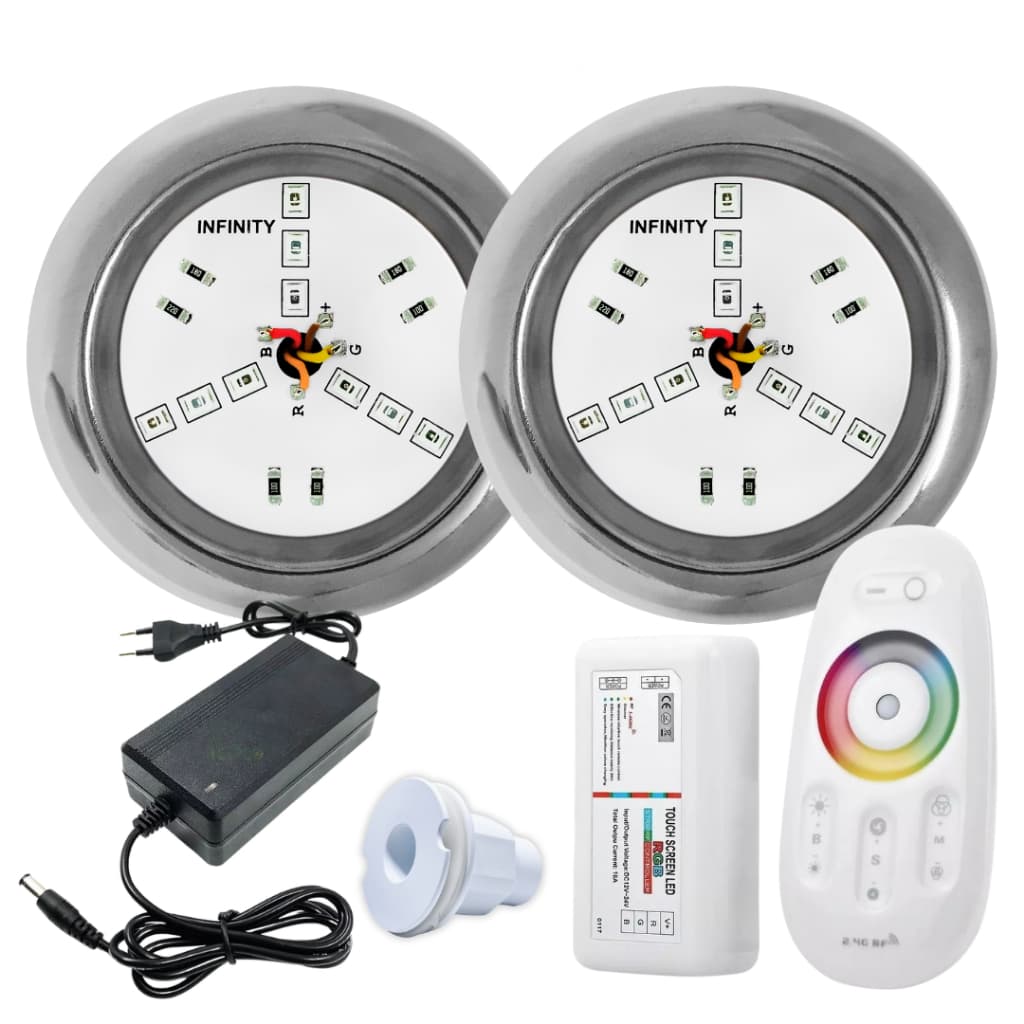 Kit Iluminação Piscina 02 Super Led INOX 6W RGB + Comando e Fonte + Adaptador de Fibra