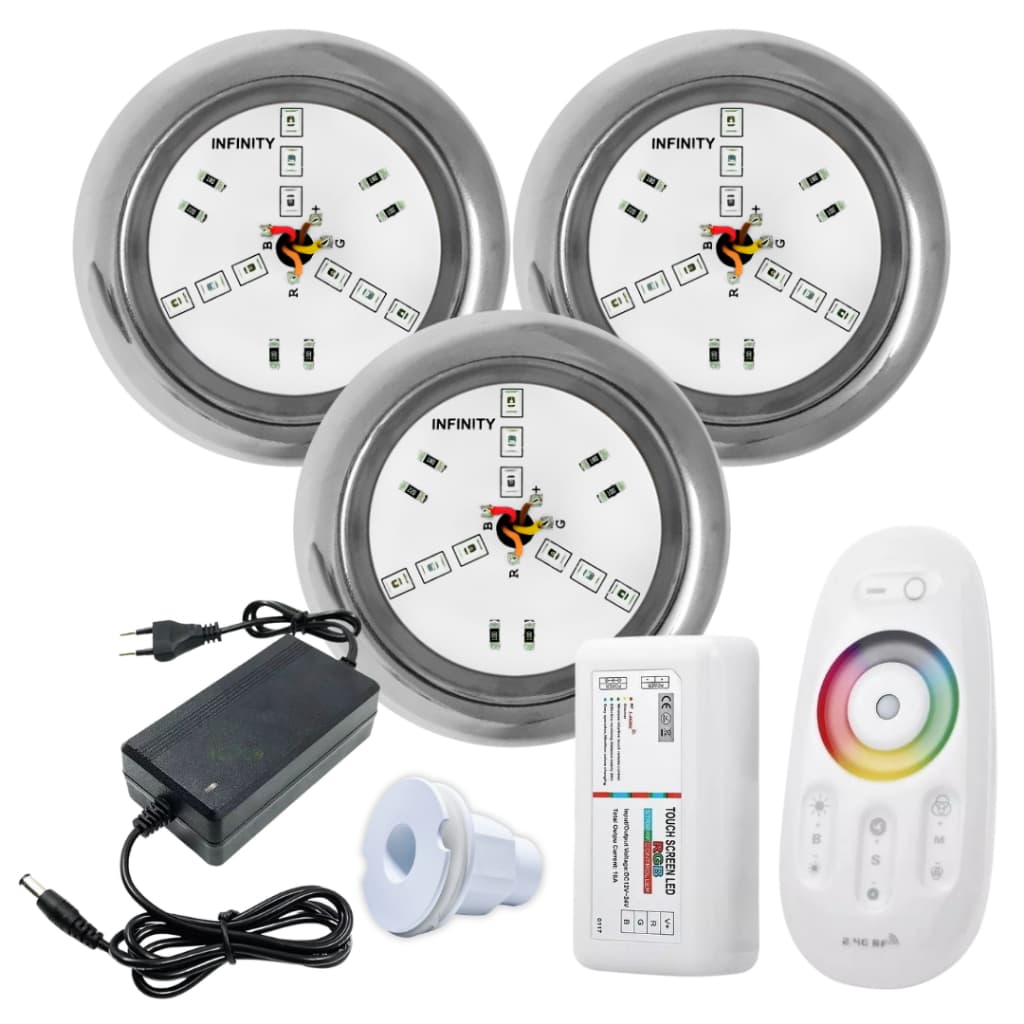 Kit Iluminação Piscina 03 Super Led INOX 6W RGB + Comando e Fonte + Adaptador de Fibra