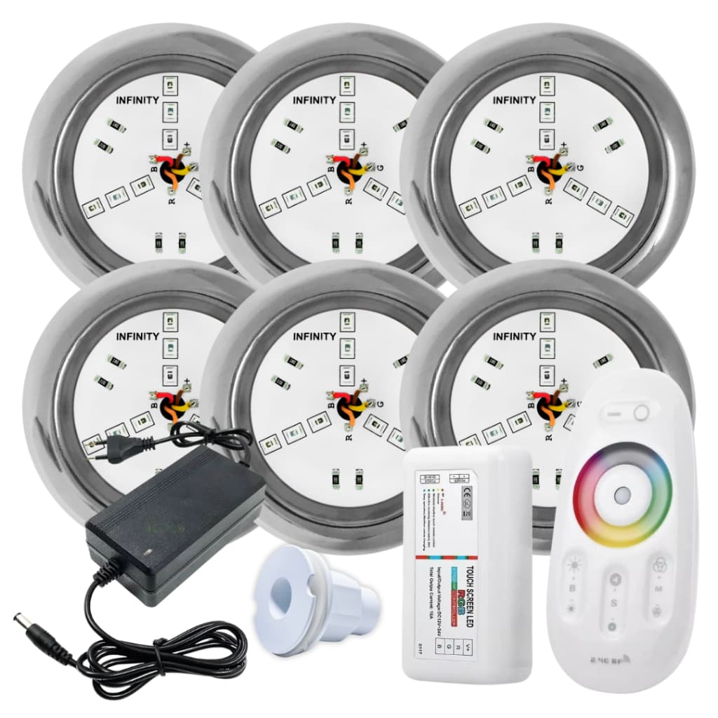 Kit Iluminação Piscina 06 Super Led INOX 6W RGB + Comando e Fonte + Adaptador de Fibra