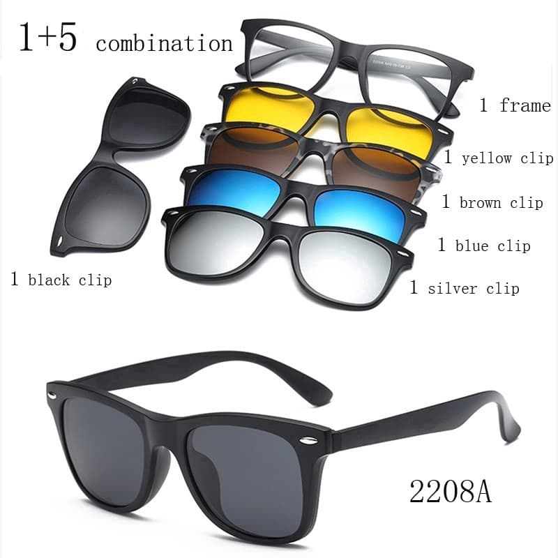 Armação De Óculos Grau e Sol Polarizado Quadrado Clip on 6 em 1 Mod 2298 Adicional Magnetico Troca Lentes Clipe de Moda em Mulheres Magnéticas Óculos de Sol Homens Magnet Clip Myopia Óculos Esportes ao ar livre 1 + 5 Óculos de sol combinados Sunglasses