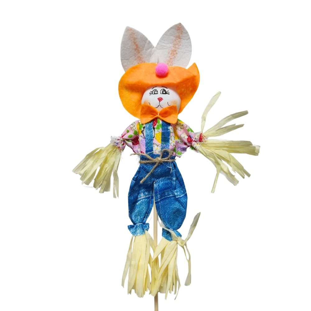 Coelho de Palha Com Chapeu 38cm Tecido Com Suporte de Madeira para Mesa e Decoração de Festa