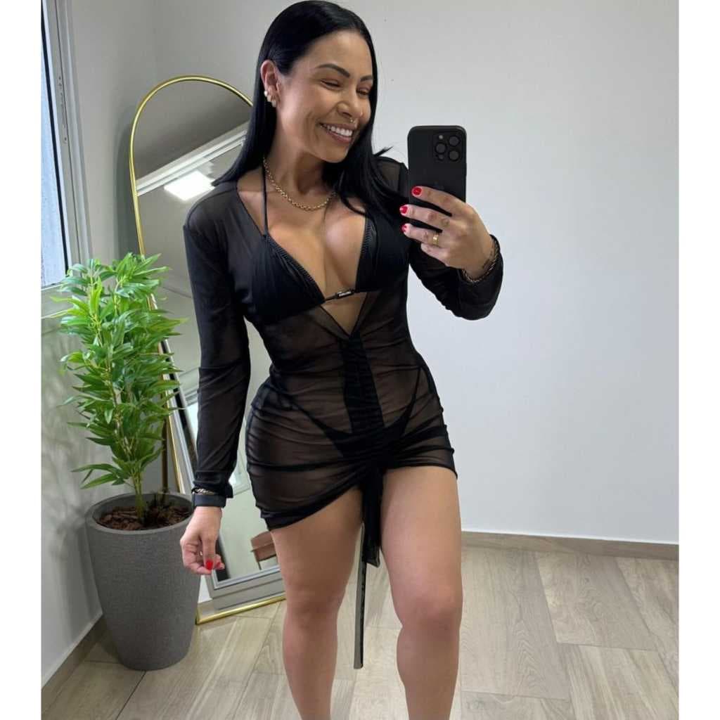 Vestido saída de praia tecido tule liso drapiada