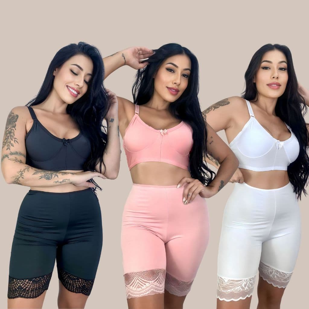 KIT 03 Bermudas Anágua Modeladora Antiassadura com Detalhes em RENDA.
