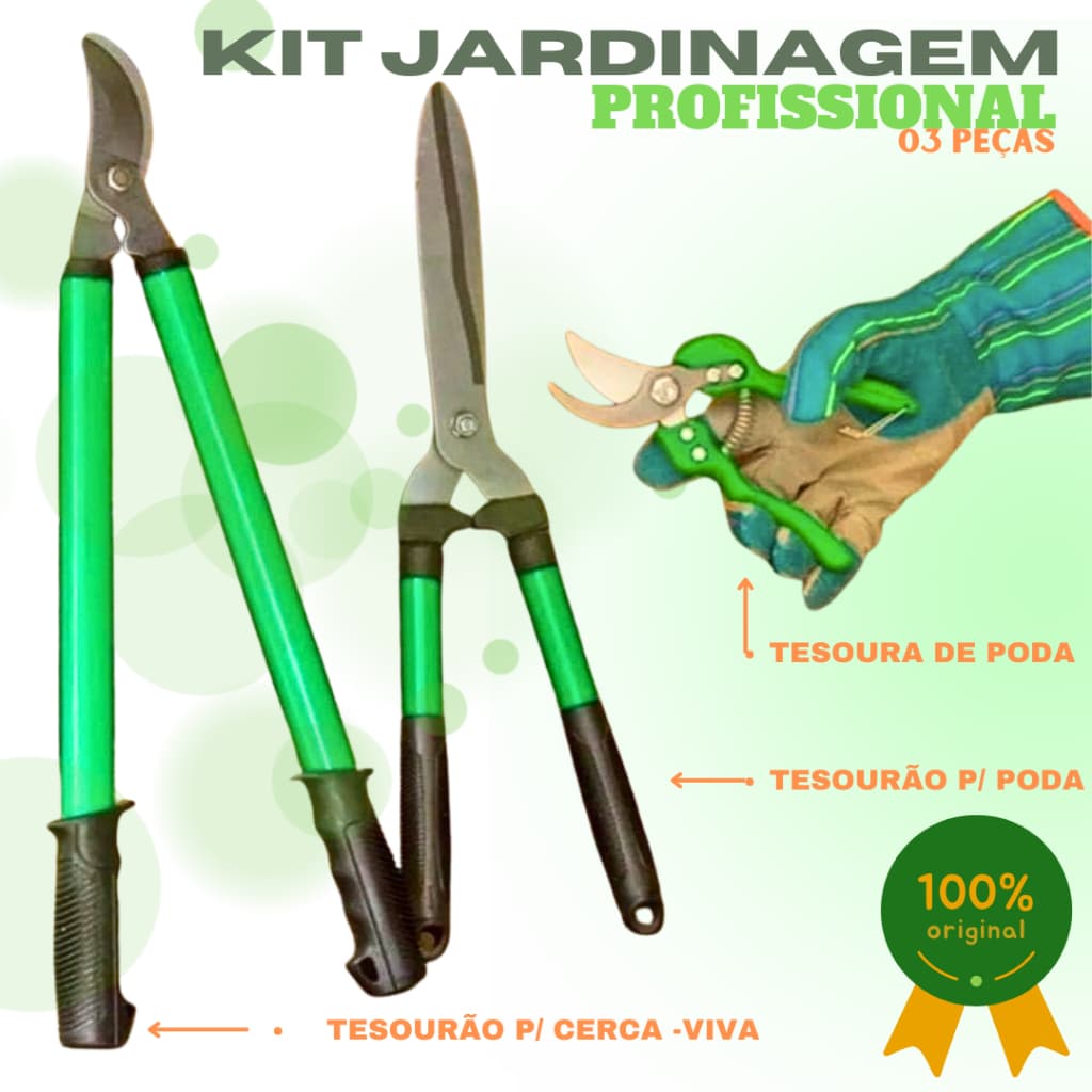 Kit Jardinagem Profissional c/ Conjunto de 03 Tesouras para Poda. Tesourão para Cercas-Vivas, Tesourão p/ Jardinagem e Tesoura de poda.