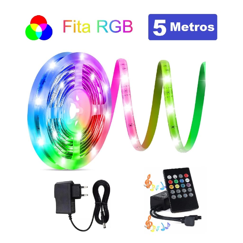 Fita LED 5 Metros RGB Multicores s + Sensor Rítm Musical + Controle Remoto + Fonte Bivolt 110V-220V