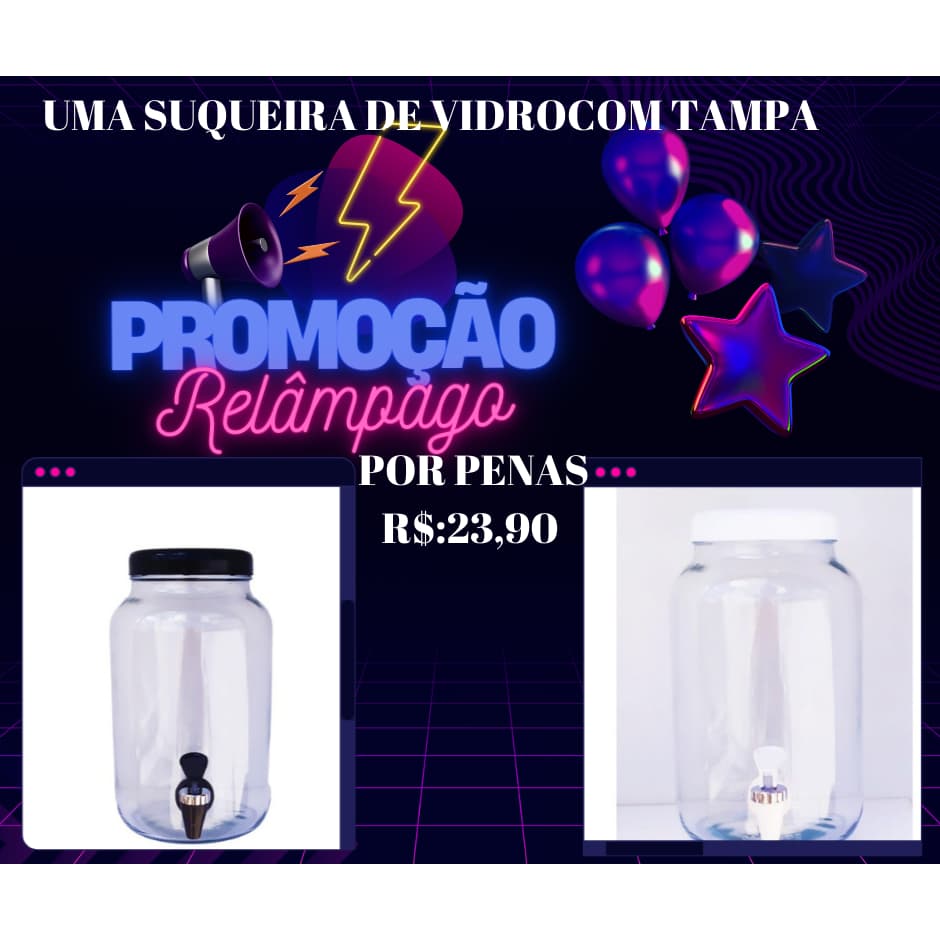 suqueira de vidro com torneira e tampa