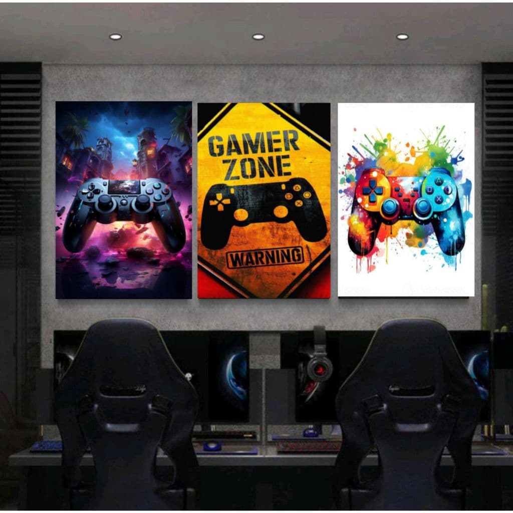 Kit 3 Quadros decorativos Gamer cantinho vídeo game controles decoração quarto