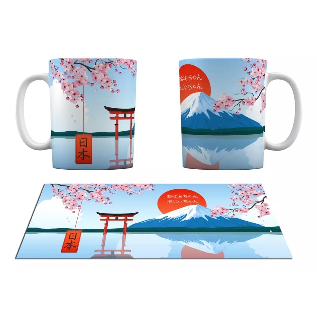 Caneca Branca Japão Avos Japoneses Sakura Tori Monte Fuji