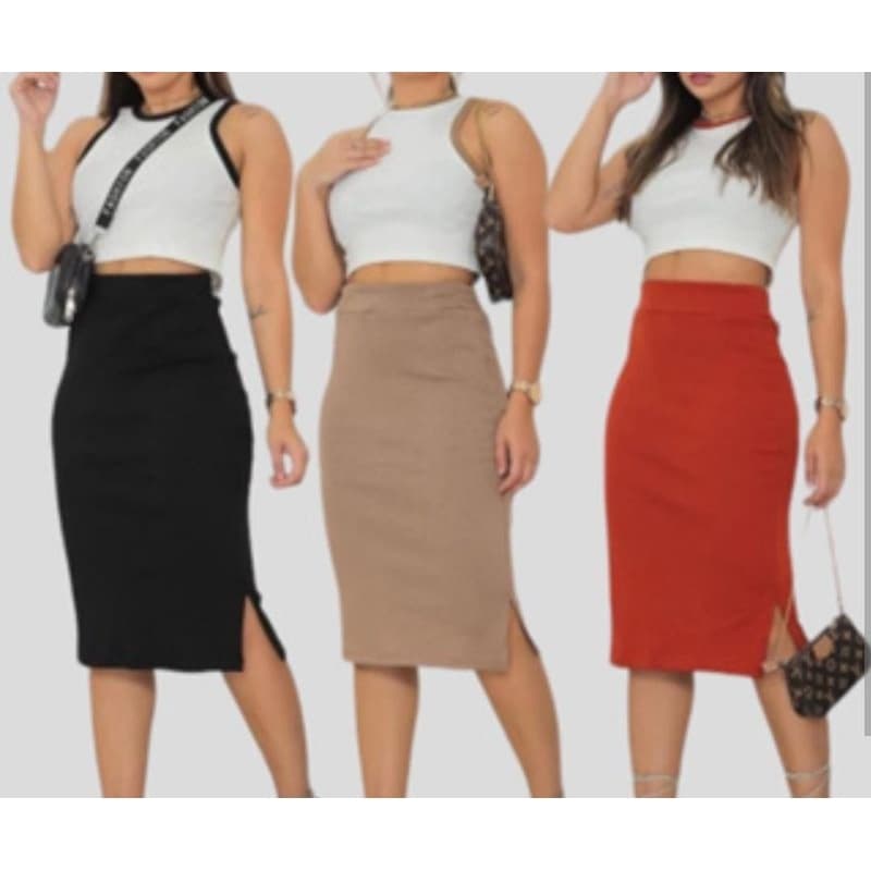 conjunto midi bicolor cropped e saia com fendas laterais em ribana canelada