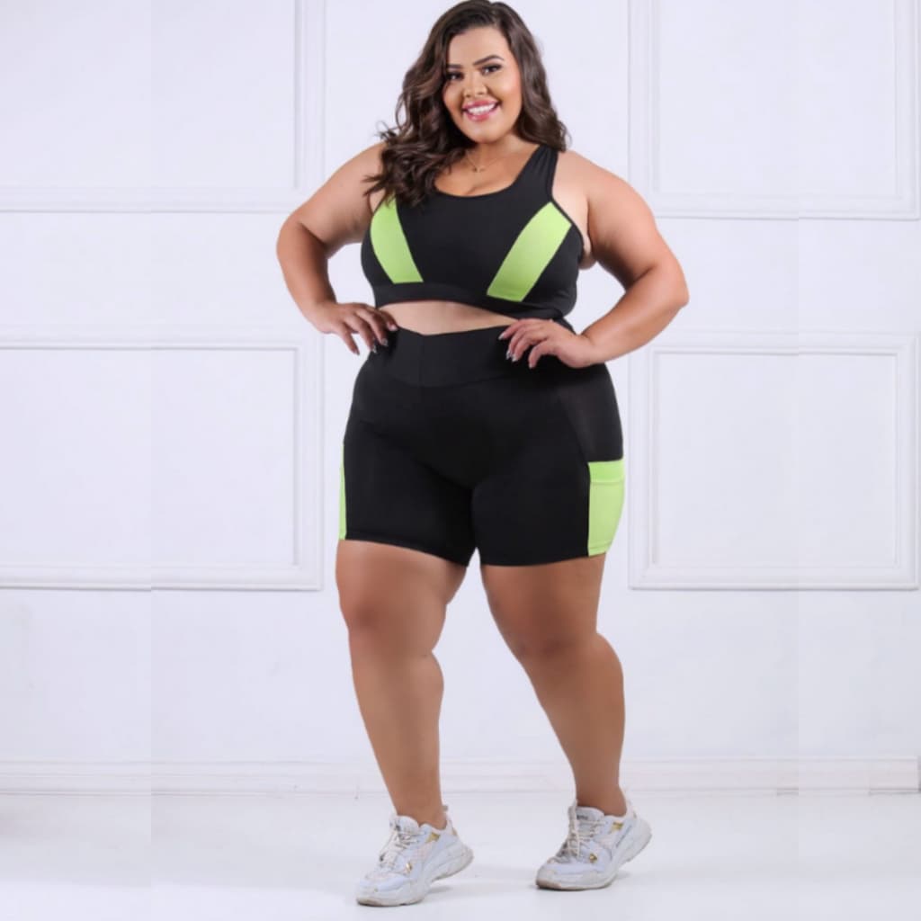Conjunto Fitness Plus Size e Slim Top + Short c/ Bolso G GG XGG EXGG academia Modelo curves 44 ao 54