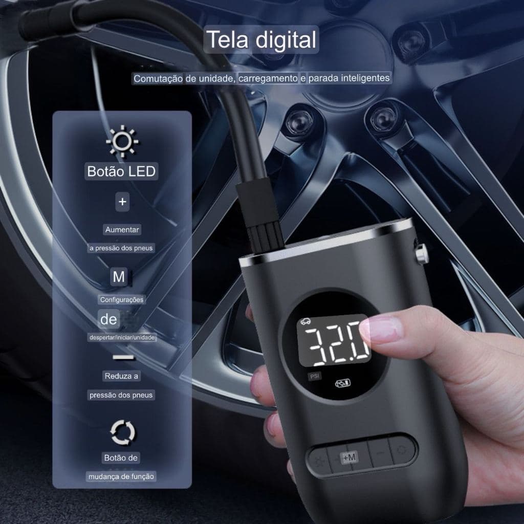 Mini Compressor de Ar Digital Portátil - USB Recarregável