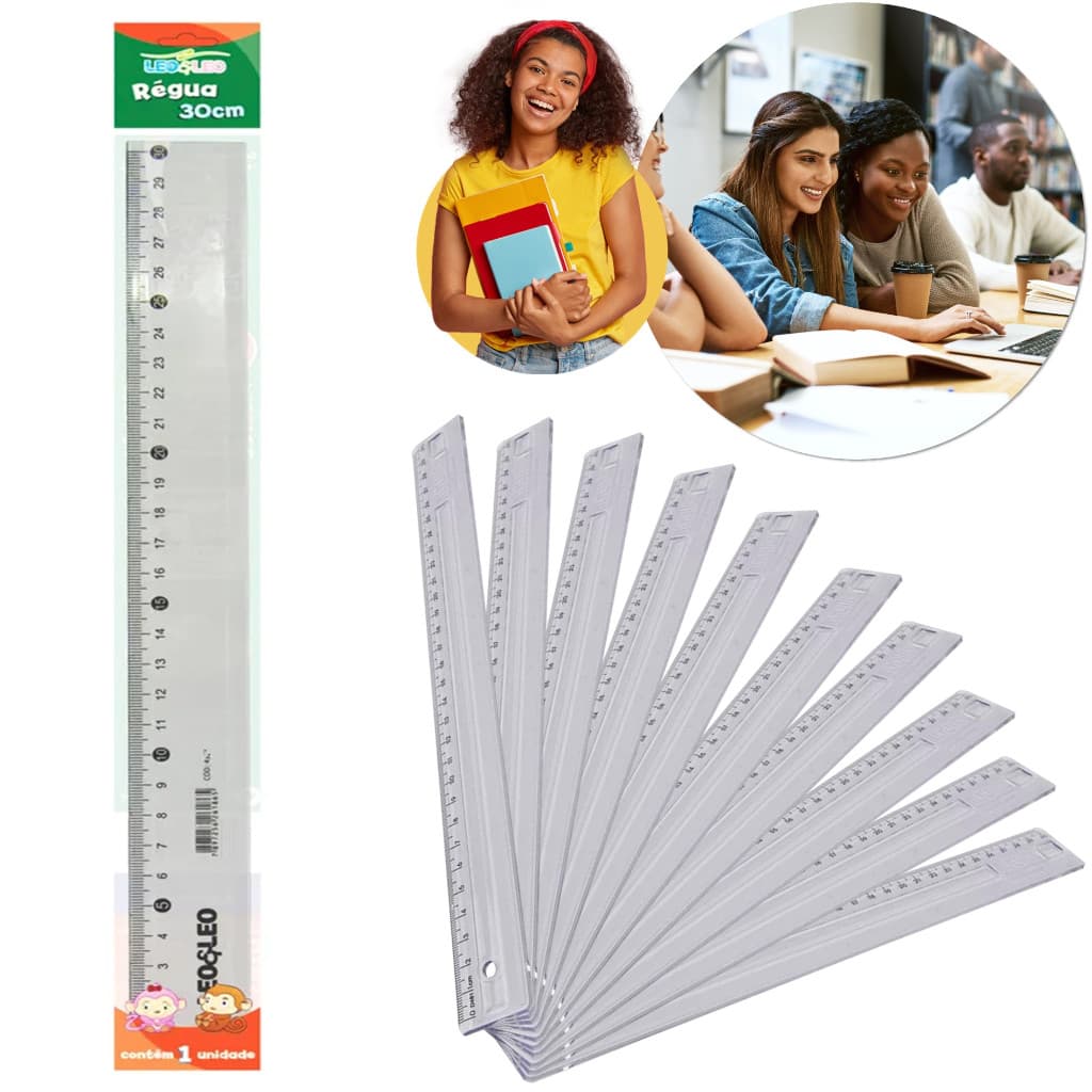 Régua Plástica 30cm Transparente Escolar Kit 10 Unidades