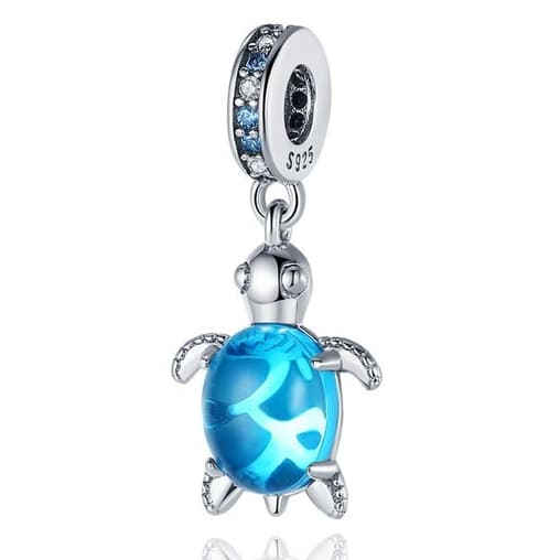 Berloque 100% prata 925 de tartaruga marinha com casco de pedra azul cod 35