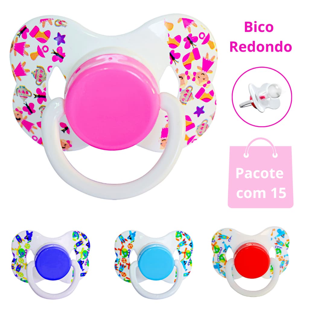 Chupetas Borboleta Bico de Silicone Redondo PCT 15 UN + 6M  - Chupetas Menino Menina bebê TAM 2