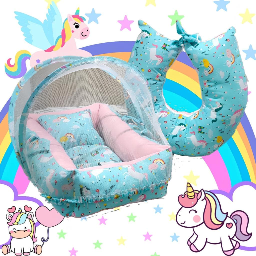 Kit Quarto, Ninho Redutor Unicornio Rosa Com Almofada e Mosquiteiro Conforto e Elegancia Para Sua Bebe.