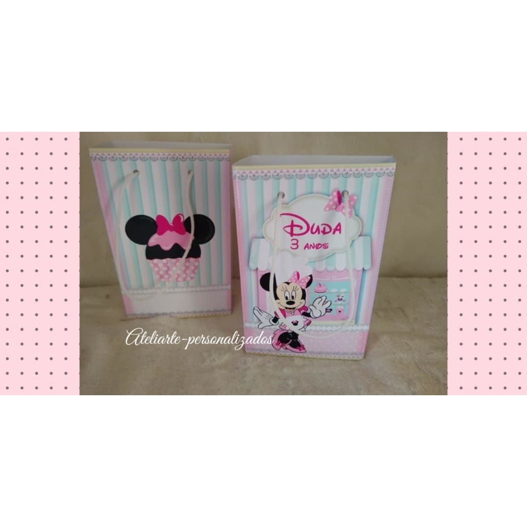 SACOLA PERSONALIZADA P MINNIE CONFEITEIRA DOCERIA DOCES ROSA