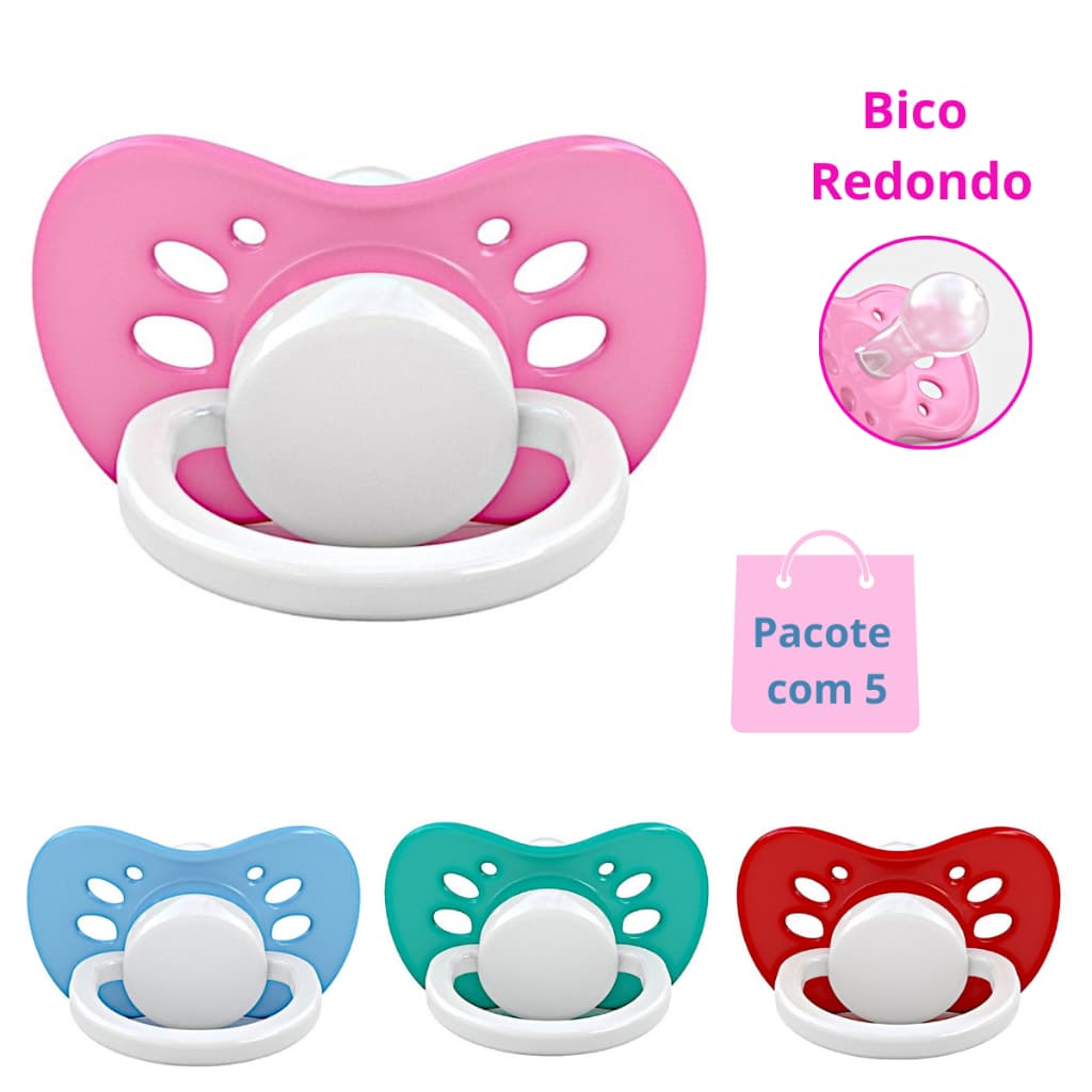Chupetas Bico de Silicone Bico Redondo Ventilada PCT 5 UN - Chupetas Menino Menina no Pacote 5 unidades Tamanho 2 + 6 meses Ventiladas Redondas
