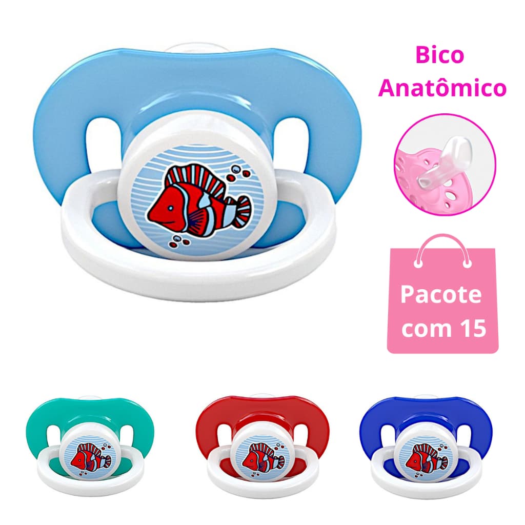 Chupetas STAR Bico de Silicone Anatômico PCT 15 UN - Chupetas Anatômicas Menino Menina Kit 15 unidades TAM 2 + 6 M