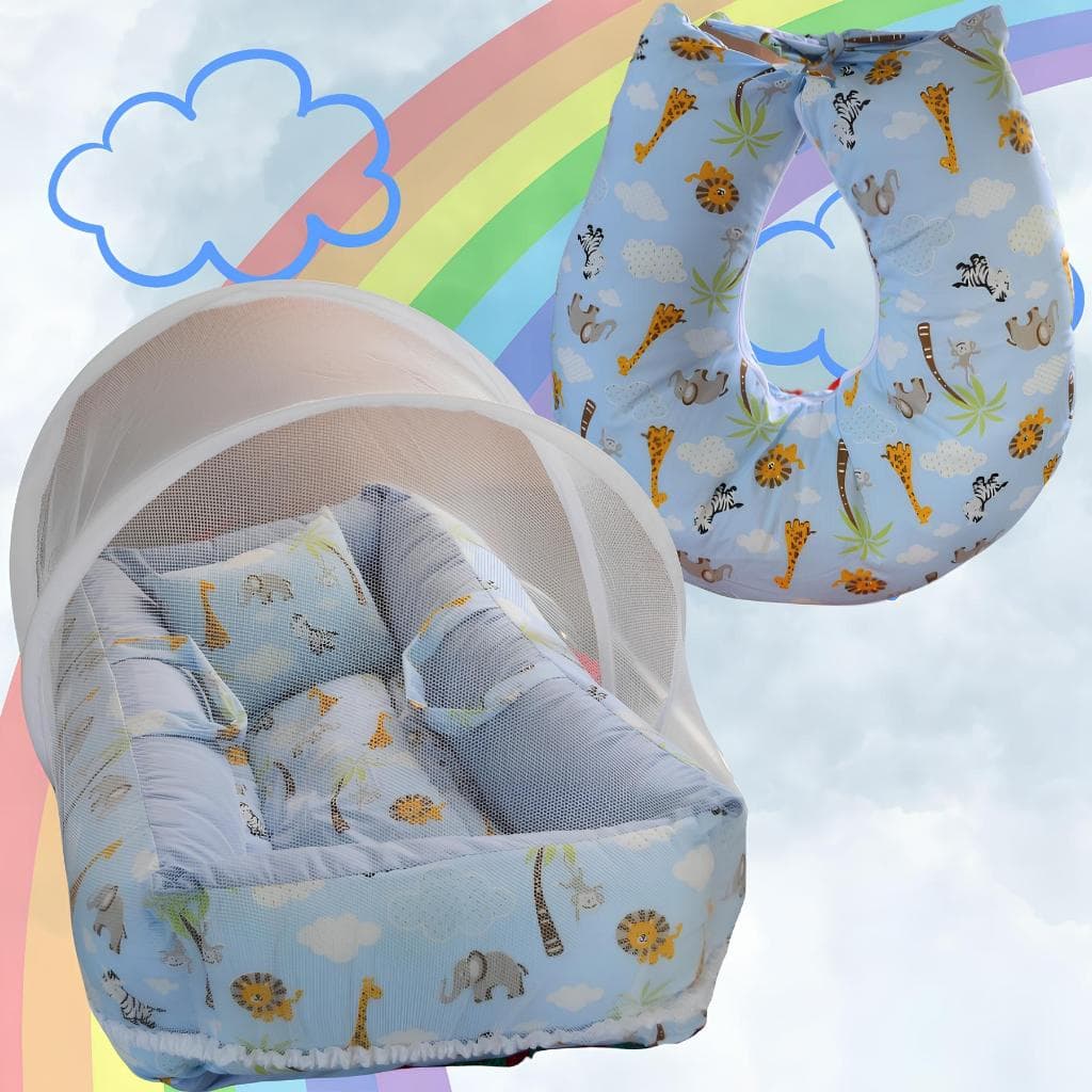 Kit Quarto Ninho Redutor Safari Azul Com Almofada Amamentação + Mosquiteiro