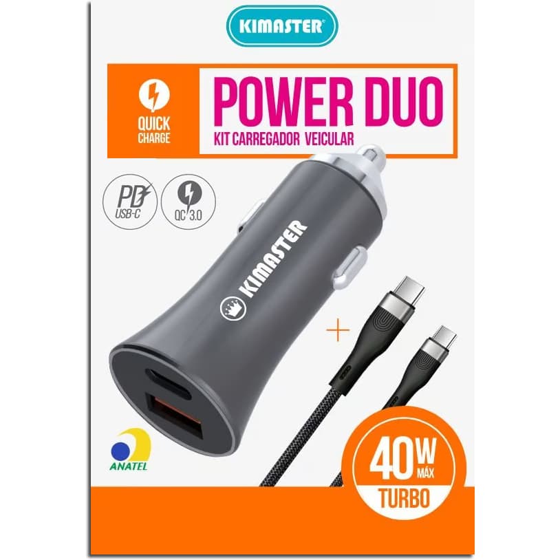 Carregador Veicular Turbo Fonte USB/TYPE-C e Cabo TYPE-C/TYPE-C- Original Kimaster CV209CC / CV209CL