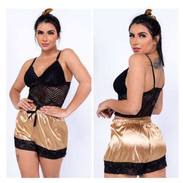 1 Conjunto de Renda em Cetim Bicolor Pijama Sensual e Macio Baby Doll