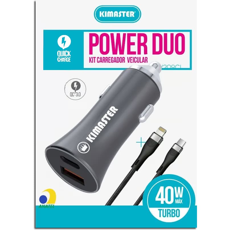 Carregador Veicular Turbo Fonte USB/TYPE-C - Original Kimaster CV209CL / CV209CC