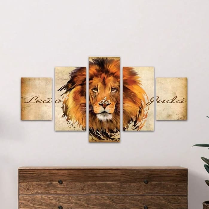 Kit 5 Quadro Decorativo Leão De Juda Mosaico MDF Para Sala Quarto Escritório