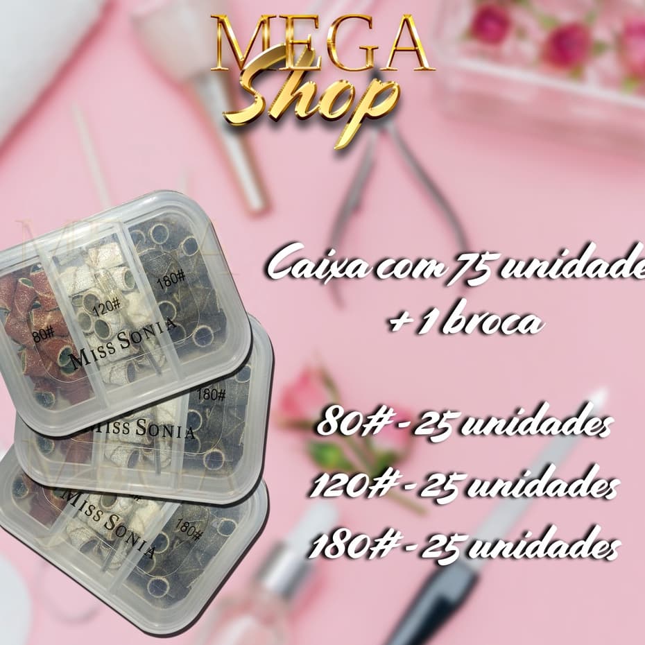 Kit Caixa Refil com 75 Lixas para Unhas + 1 Broca da Miss Sonia para Lixadeiras Elétricas Diversas