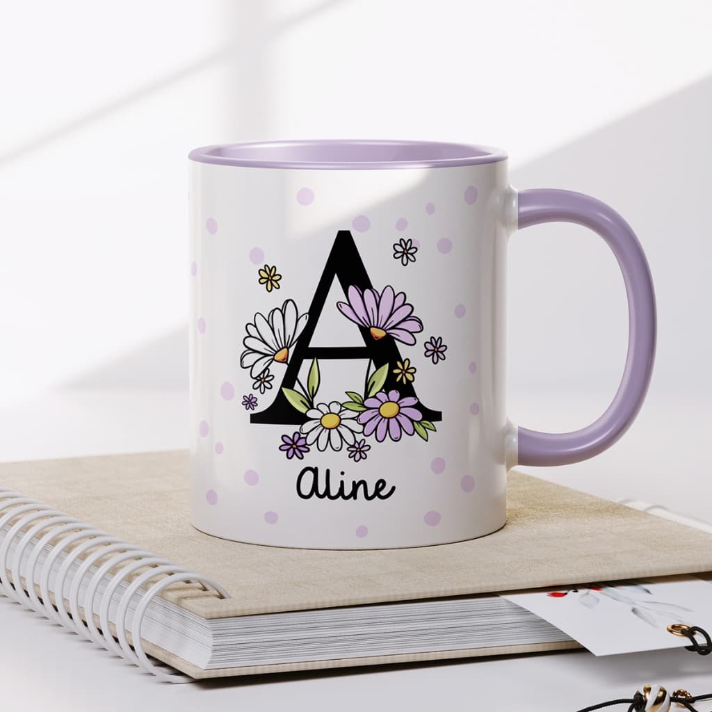 Caneca personalizada nome inicial floral porcelana presente