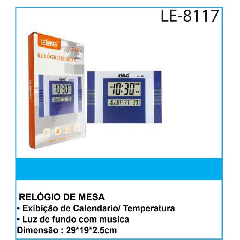 Relógio De Mesa E Parede Digital 29(C) x 19(A) x 2.5(L) Data Hora Tempera