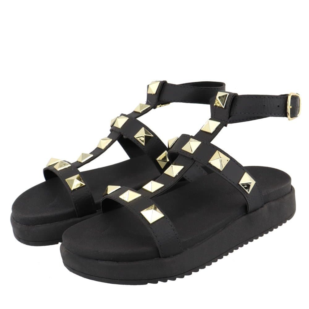 Papete Feminina Sandália Com Spikes Dourados Ajuste Tornozelo