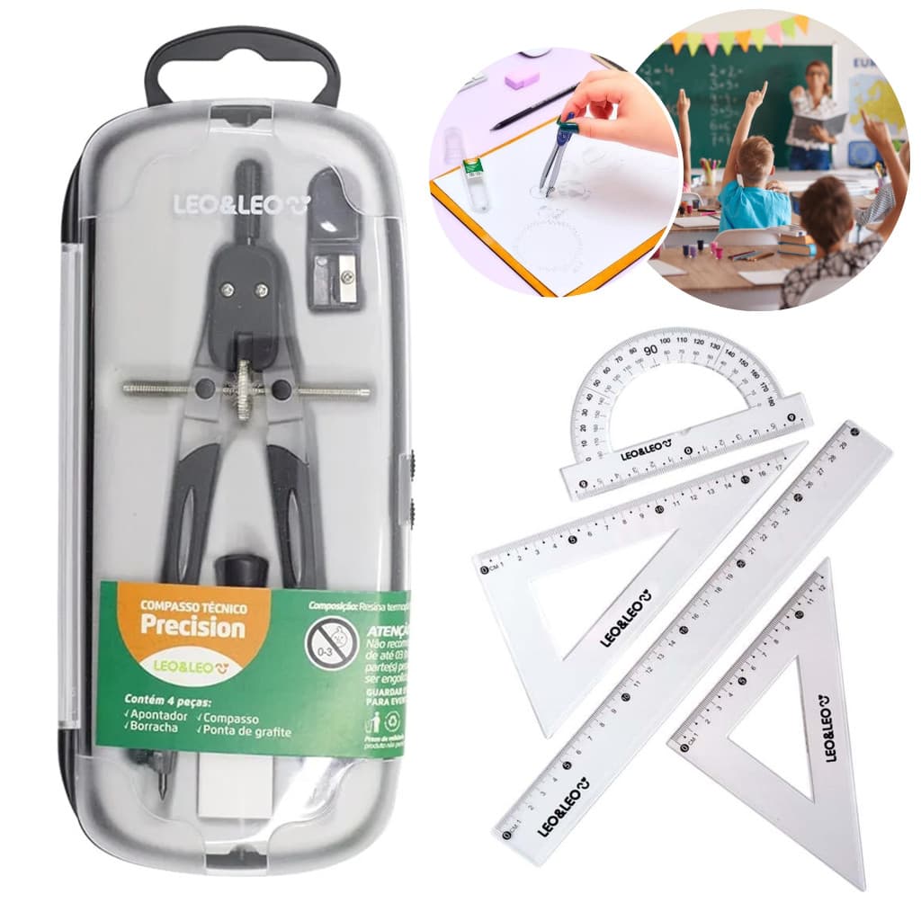 Kit Geométrico Tecnico De Precisão Escolar + Compasso