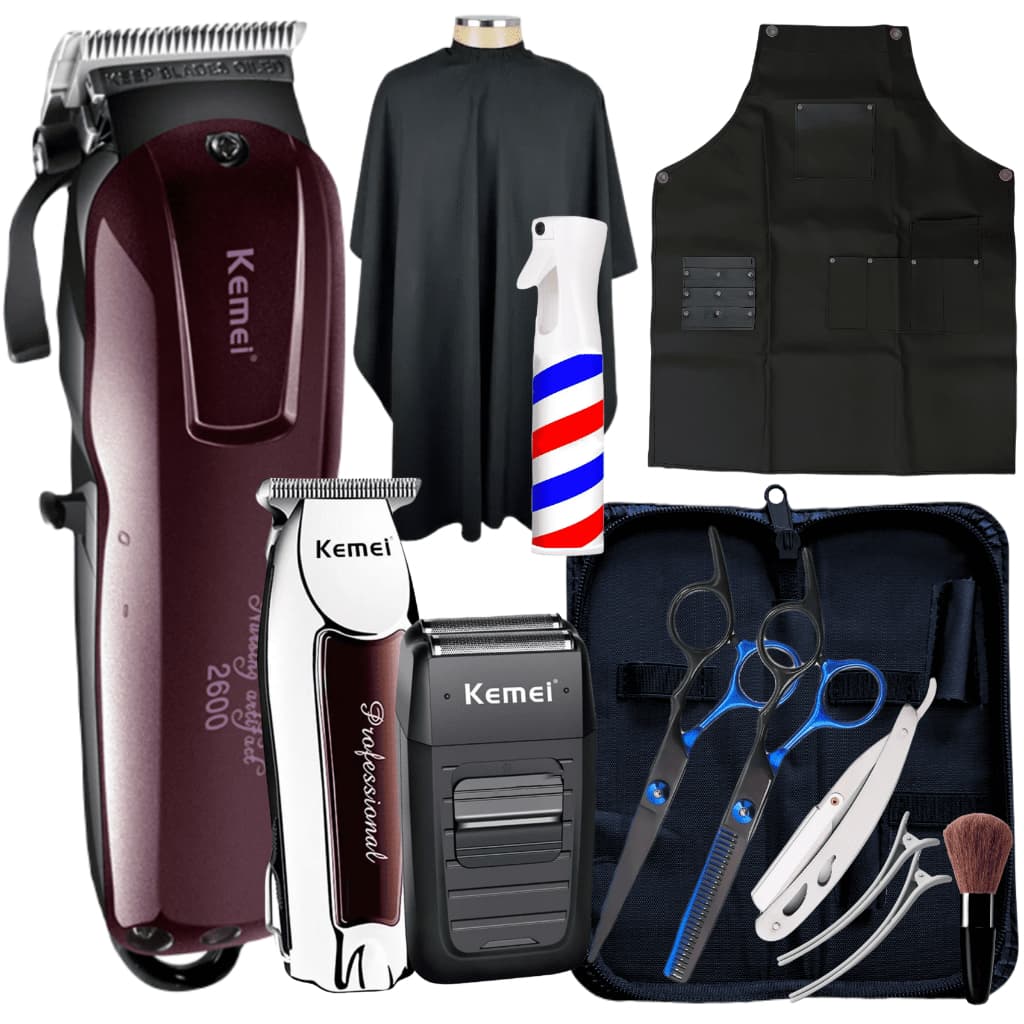Kit Máquina De Corta Cabelo Kemei + Kit 2 Tesouras Barbeiro Profissional Tesoura Fio Navalha Capa Avental e Borrifador Nevoa