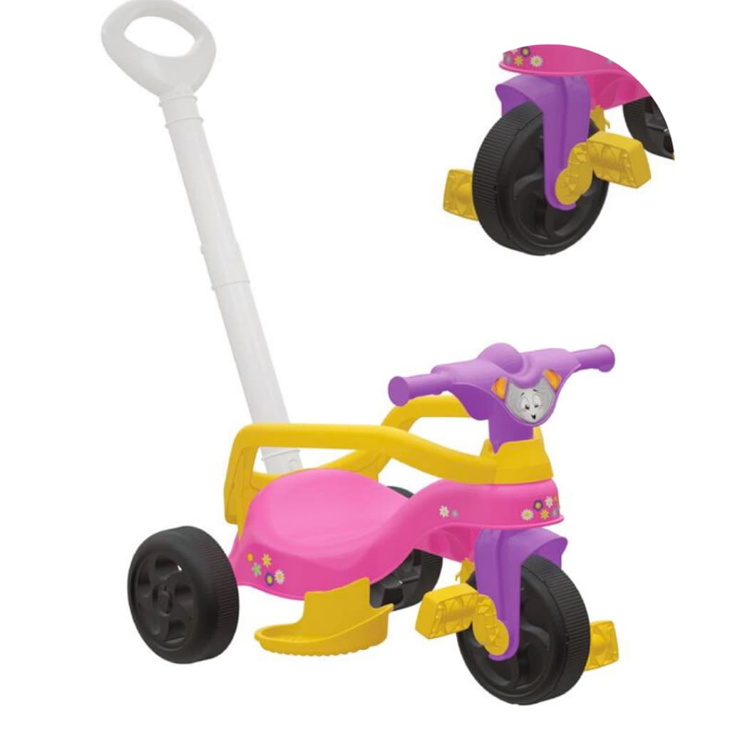 Motoca Triciclo Infantil Velotrol Feminino Com Pedal, Apoio para Pés, Empurrador e Protetor