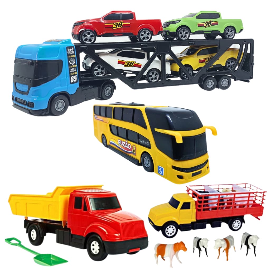 Kit Brinquedo Caminhão de Boi Cegonheira Onibus Busão Caminhão Com Pá